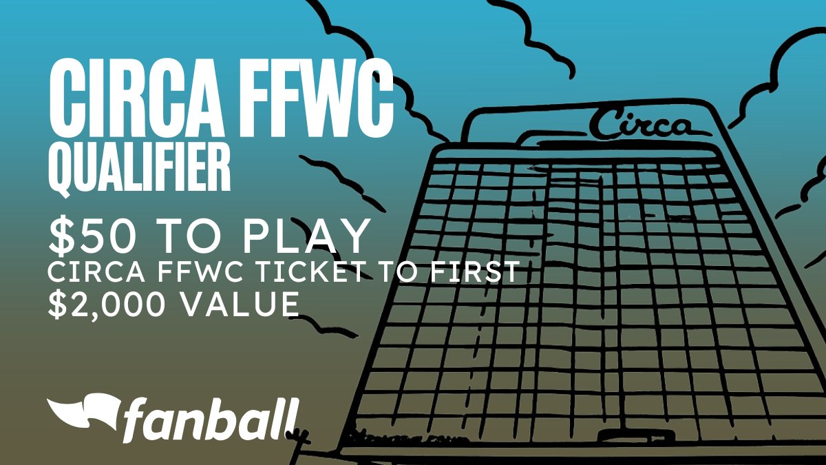 PlayFFWC's tweet photo. Really cool $50 @Fanball contest to win a seat in next year's @CircaLasVegas FFWC (valued $2,000) 
1st place: Circa FFWC Entry
2nd place: $175
3rd place: $75
It's a salary cap contest. Reserve your entry now!  https://t.co/MOtUPG4p3F @everyone https://t.co/OoPzyRSPgN