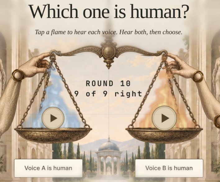 bismuth_idk's tweet photo. It's not particularly hard to tell apart, even with the really short sentences in their demo, it's just a voice with poor audio quality to pretend it is a human.

Once you recognize the kind of audio mistakes they add it becomes obvious, kind of like em dashes but for audio. https://t.co/9lxaR6WwtV