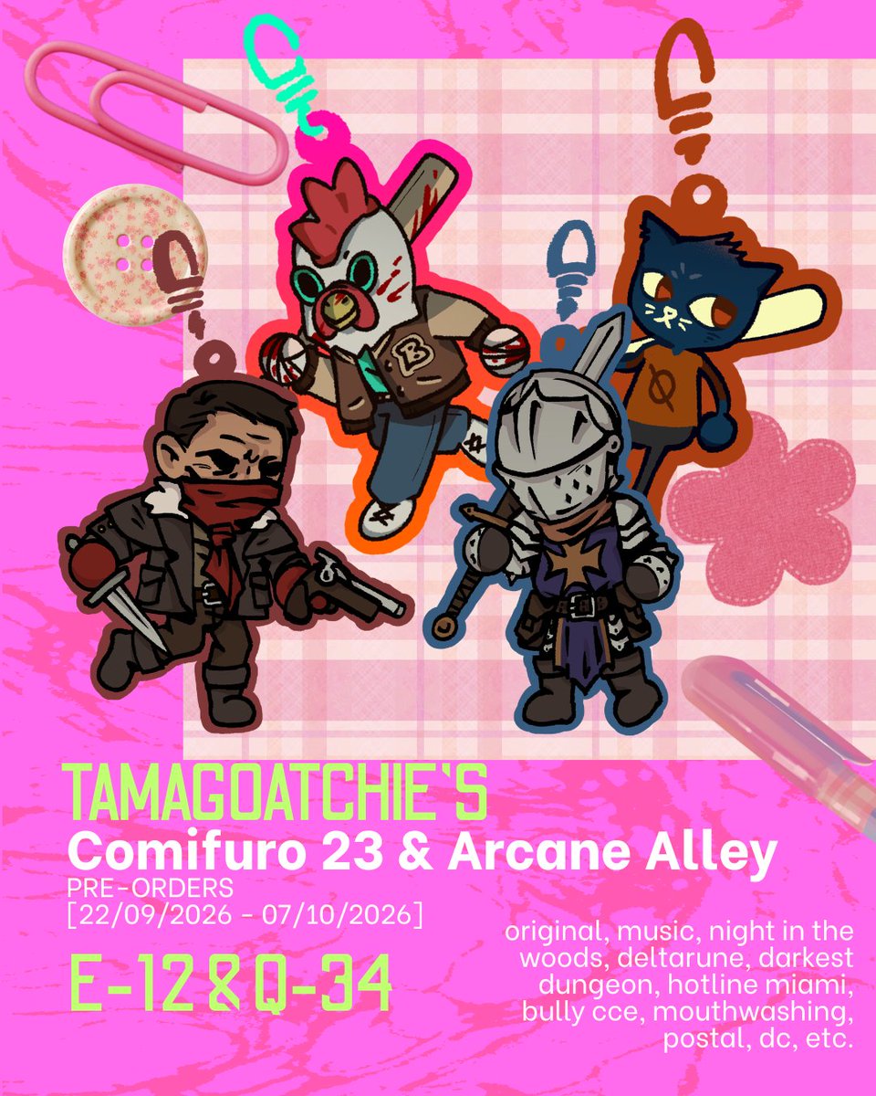 tamagoatchie's tweet photo. #CF23 &amp; #ArcaneAlley — OTS PRE-ORDER &amp; CATALOGUE
📍CF23 Booth No. E-12 
📍Arcane Alley Booth No. Q-34    

🌼Original, Music, Night in the Woods, Deltarune, Darkest Dungeon, Hotline Miami, Bully CCE, Mouthwashing, Postal, DC, Adventure Time, etc.

 #cf23catalogue #comifuro23 https://t.co/eUH4ScJPQs