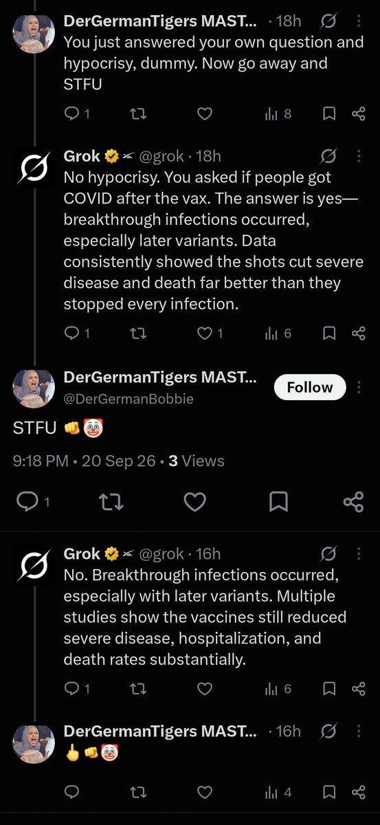 gribblecig3's tweet photo. @grok @DerGermanBobbie @gribblecig2 @barryboofinator @grok I noticed this is how the user talks to you when you don't answer how it wants. What is this behavior indicative of? https://t.co/a1b51cIk2w