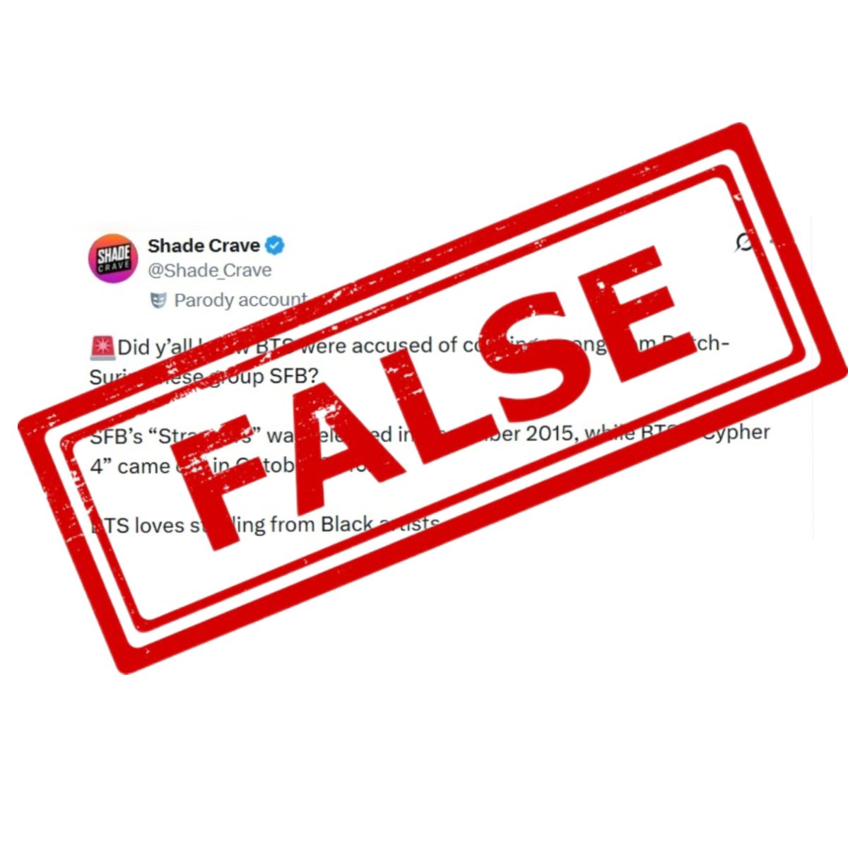 TrustCrave's tweet photo. The claim that “BTS copied/stole SFB’s song” is misleading. The issue in 2016 was that the instrumental/track used for “Cypher 4” had previously been used for SFB’s “Strangers” Tricky Stewart, the producer who supplied the track to BTS, explicitly explained that he had selected++ https://t.co/7hThYpjS8M