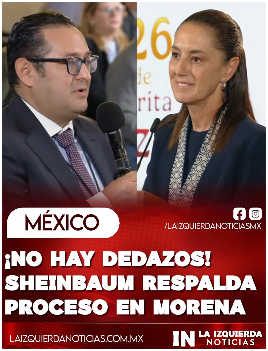 IzqNoticiasMx's tweet photo. ¡APAGA POLÉMICA! Cuestionada por Nacho Rodríguez ‘El Chapucero’ en relación al proceso interno de Morena, Sheinbaum aseguró a que no hay ‘dedazos´. La presidenta defendió el método de encuestas para elegir coordinadores de la 4T y adelantó que los resultados se harán públicos “en su momento”. También respaldó a Beatriz Mojica y comparó su trayectoria con la de otros gobernadores del movimiento que tampoco militaban en el partido desde su fundación en 2015. Agregó que los procesos en Morena no son temas personales sino de un proyecto.