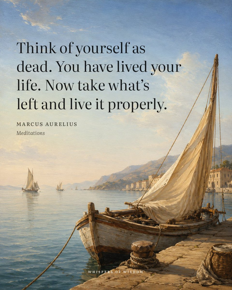 WisdomOfWhisprs's tweet photo. Most of us live like we have an endless account to draw from. We postpone, we hesitate, we save our best energy for a future that may never come. Marcus Aurelius suggests a sharper trick: consider the account closed. That version of you is gone. What remains is a gift, not a guarantee.  

When you stop assuming more time will come, the noise quiets. You stop negotiating with yourself about what matters. The work, the relationship, the difficult conversation—they either get your attention now, or they don’t get it at all.  

You don’t need a dramatic ending to start living properly. You only need to remember that this is it. Spend what’s left on what’s real.

“Think of yourself as dead. You have lived your life. Now take what's left and live it properly.”
— Marcus Aurelius