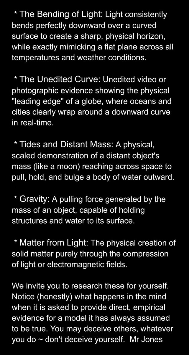 MrJonesKustoms's tweet photo. @dnmeboy @MamaJeanLovesYU @HJarsz @benwehrman Oh great!
Finally someone smart who has repeatable, verifiable lab data that undeniably validates these globe theories that the dumb flat-earthers keep proving false.

Please, enlighten us, we've been waiting decades for the actual verified scientific method.
I'm so excited... https://t.co/HRjlfGdE5n