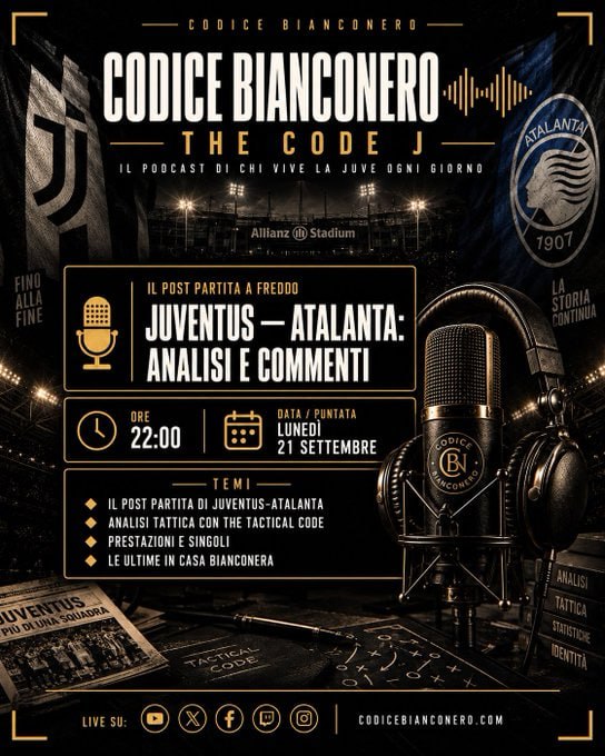 CodBianconero's tweet photo. Lunedì 21 Settembre - Ore 22:00 ⤵
YouTube X Facebook Instagram
📷THE CODE J – LIVE OGGI ALLE 22:00 📷📷Juventus – Atalanta è pronto!
Analisi, commenti, tattiche e le ultime dalla casa bianconera con Codice Bianconero
Non mancate, si parte in diretta!
Link in bio / https://t.co/mI6prxFufA
#TheCodeJ #CodiceBianconero #Juventus #JuveAtalanta #PostPartita
📸