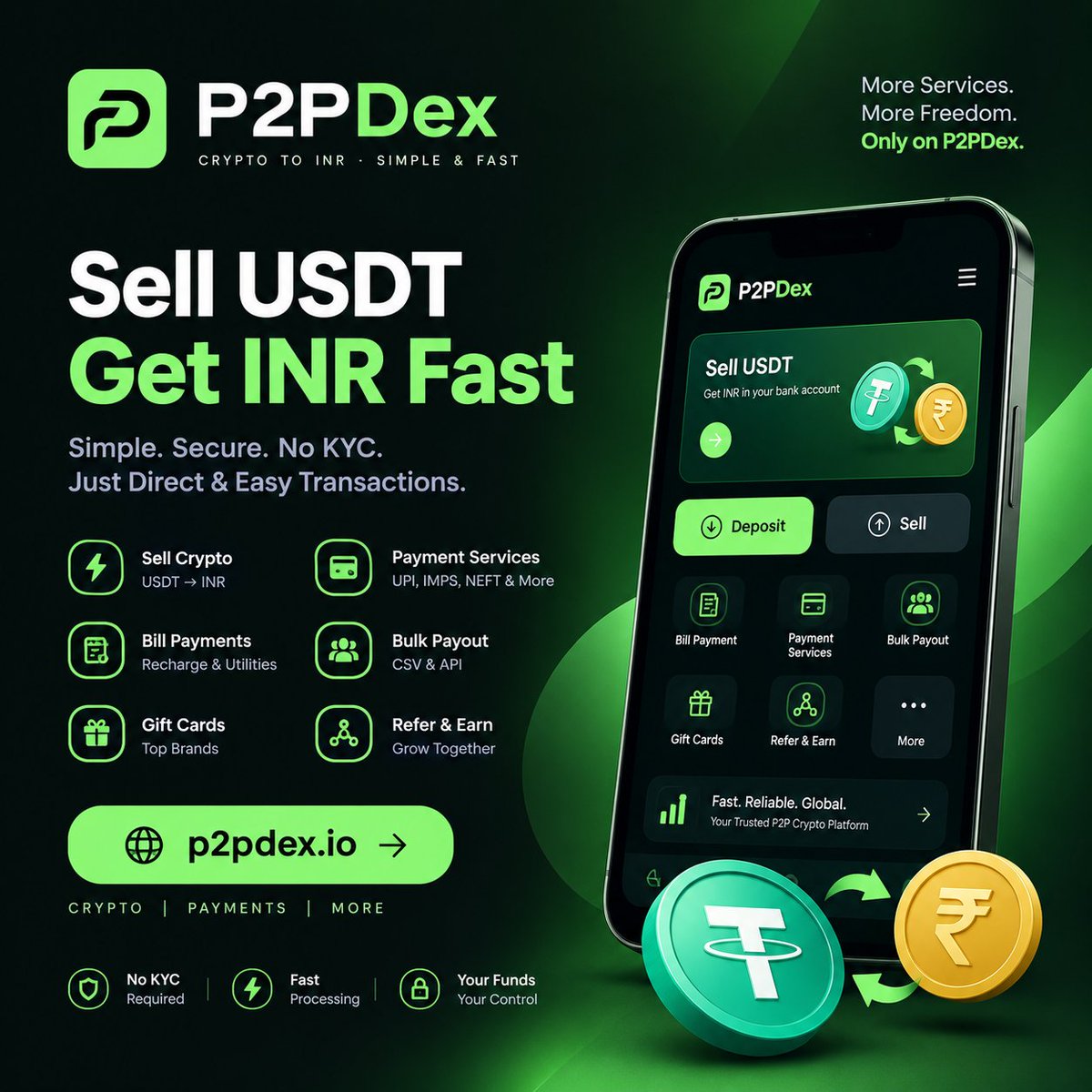 p2pdexio's tweet photo. 🔄One Platform for Crypto, INR & Everyday Payments🏦
https://t.co/oLC751nD9p is a Decentralised platform offering fast crypto-to-INR services, multiple payment methods.
🪙 Sell Crypto — Convert crypto to INR through
➡️Quick UPI
➡️UPI
➡️IMPS
➡️RTGS
➡️NEFT
➡️Bank Transfer
➡️Cardless Cash
➡️Cash Deposit via Machine
➡️Cash Deposit via Branch
👨💻 Scan & Pay — Make quick payments using crypto.
🔥 Payment Services — Access convenient INR payment solutions.
🧾 Bills & Recharge — Pay bills and recharge easily.
🎟️ Gift Cards — Purchase digital gift cards with crypto.
🗒 Bulk Payouts — Send multiple payouts efficiently.
⚙️ API Solutions — Integrate INR payment & Payouts services into your business.
👥 Affiliate & Referral — Grow with our referral programs.
🌐 Merchant Program — Provide liquidity to liquidity pools.
🏠 Marketplace — Explore services and opportunities within the ecosystem.
🤖 Telegram Bot — Access P2PDex services directly through Telegram Bot.
🪪 Non-KYC • ⚡Fast • 💸Multiple Services • ➡️One Platform.
P2Pdexio Team
@p2pdexio
#Crypto #Web3 #Decentralised #Dex #P2P