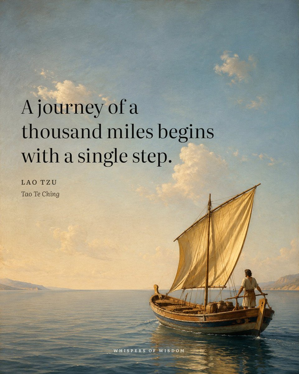 WisdomOfWhisprs's tweet photo. We often stall because the finish line feels impossible. A thousand miles is an abstraction. It numbs us. So we wait for the right moment, the perfect plan, or a surge of certainty that never arrives.

But the journey does not ask for the whole distance at once. It only asks for the weight of one foot, then the other. The step is not a promise to finish. It is a decision to begin.

Clarity rarely comes before action. It comes from it. So look away from the map for a moment. Look down at the ground right in front of you. The only step you ever have to take is the next one, and it is always smaller than the distance you fear.

“A journey of a thousand miles begins with a single step.”
— Lao Tzu