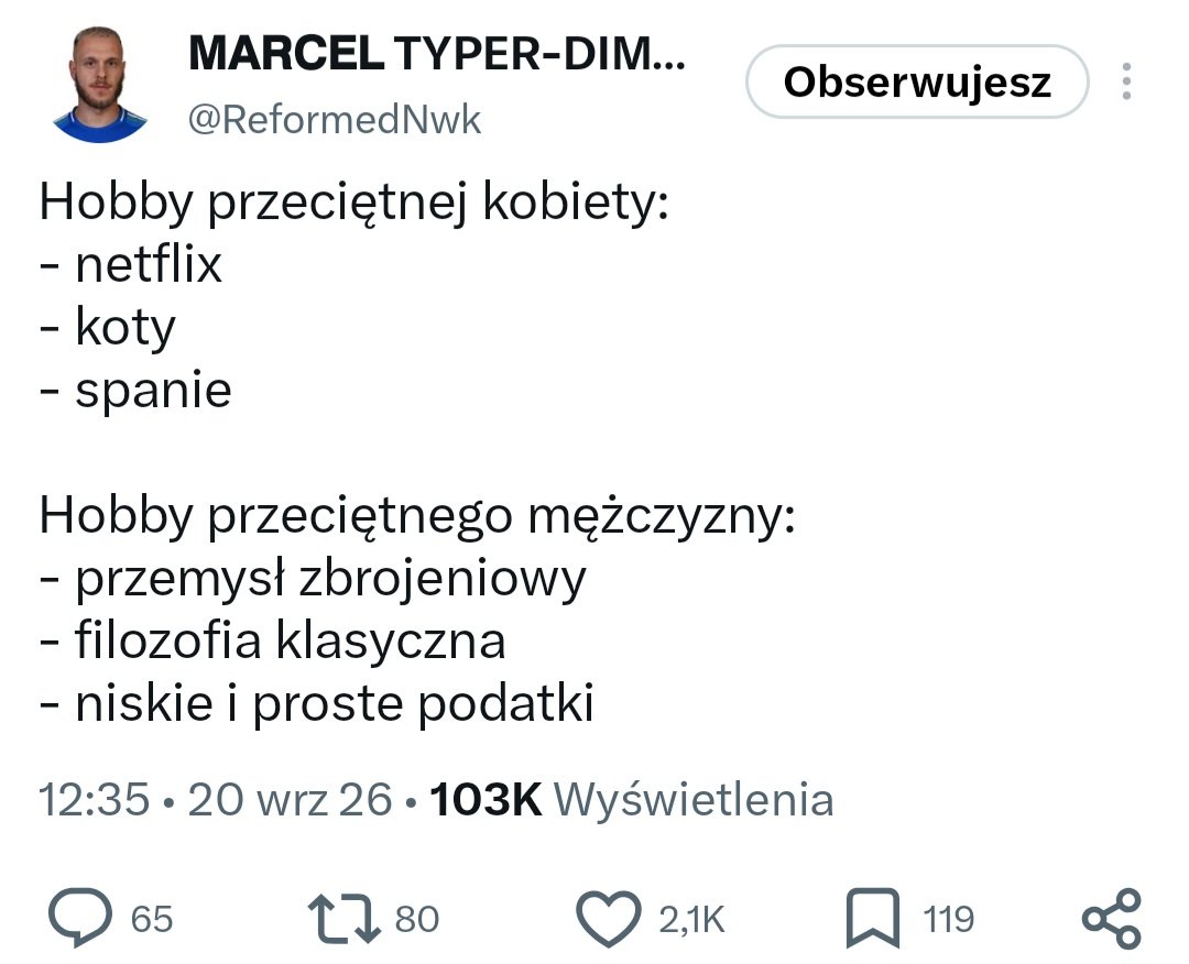 pani_kawaaa's tweet photo. Hobby przeciętnej kobiety to Netflix, koty i spanie.
A hobby przeciętnego mężczyzny to wmawianie kobietom, że są przeciętne, bo przeczytał cytat z Sokratesa i obejrzał filmik o czołgu https://t.co/NU6tjecTgW