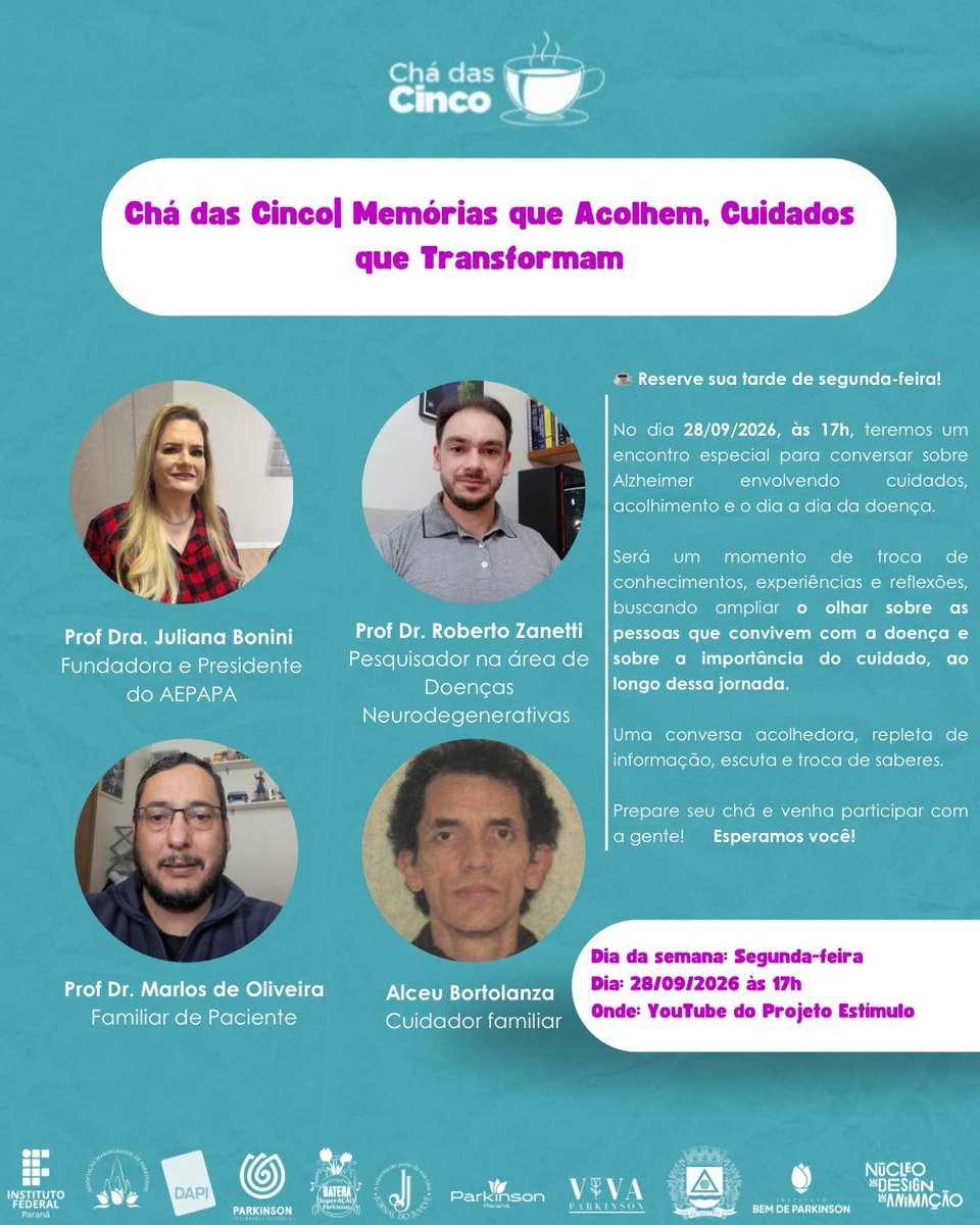 projetoestimulo's tweet photo. 🧠💜 Em conscientização ao Dia Mundial da Doença de Alzheimer, o Projeto Estímulo realiza, dia 28/09, mais uma edição do Chá das Cinco: “Memórias que acolhem, cuidados que transformam”. ☕💜

📍 Ao vivo no YouTube do Projeto Estímulo!
🔗 https://t.co/vYmrAj41kD https://t.co/HtpwgOBfN4