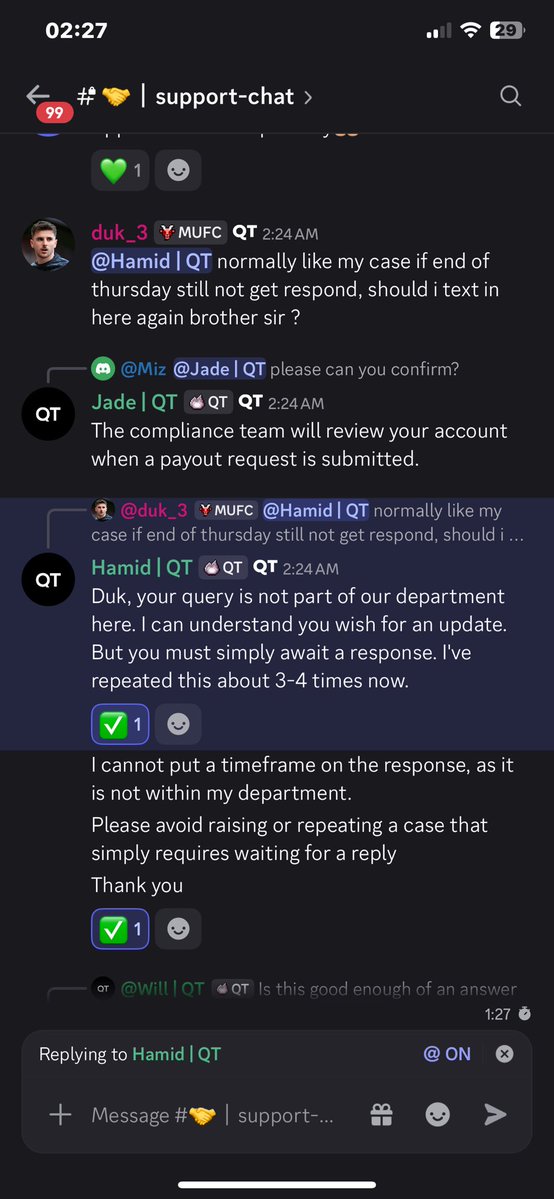 NepazB's tweet photo. What should i do abt my case hicc ?
I really need answer what happend w my case. If Discord team cannot assist so how long i have to wait for this. And hamid keep answer so mid, that make me confused

@QtFunded @Finn_QTFunded @AlexQuantTekel @JamesQuantTekel https://t.co/IKBIh7MNj7