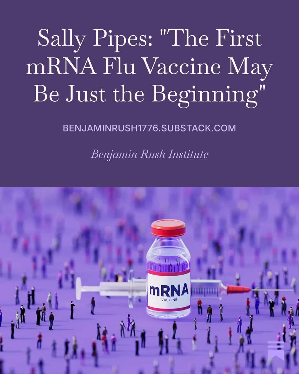 BenjaminRushX's tweet photo. "MFLUSIVA and the new melanoma results show why we shouldn’t allow the controversies of the pandemic to dictate the future of #mRNA. The technology should be judged by what it delivers."
- BRI Founder &amp; Chair Sally Pipes

Read the latest from @sallypipes:
https://t.co/y2PsdNCjAa https://t.co/V2bArVPDid
