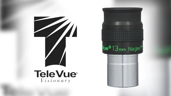Tele Vue logo on the left and Tele Vue 13mm Nagler eyepiece on the right.
Every Tele Vue eyepiece is personally tested at f/4 by our quality control staff to ensure the sharpest full field possible. It is the nature of optics that being the best in fast scopes also always assures the best performance in "slow" scopes. The Tele Vue 50° Plössls are patented to be sharper over a larger field than any competing brands of Plössl or Orthoscopic eyepieces.