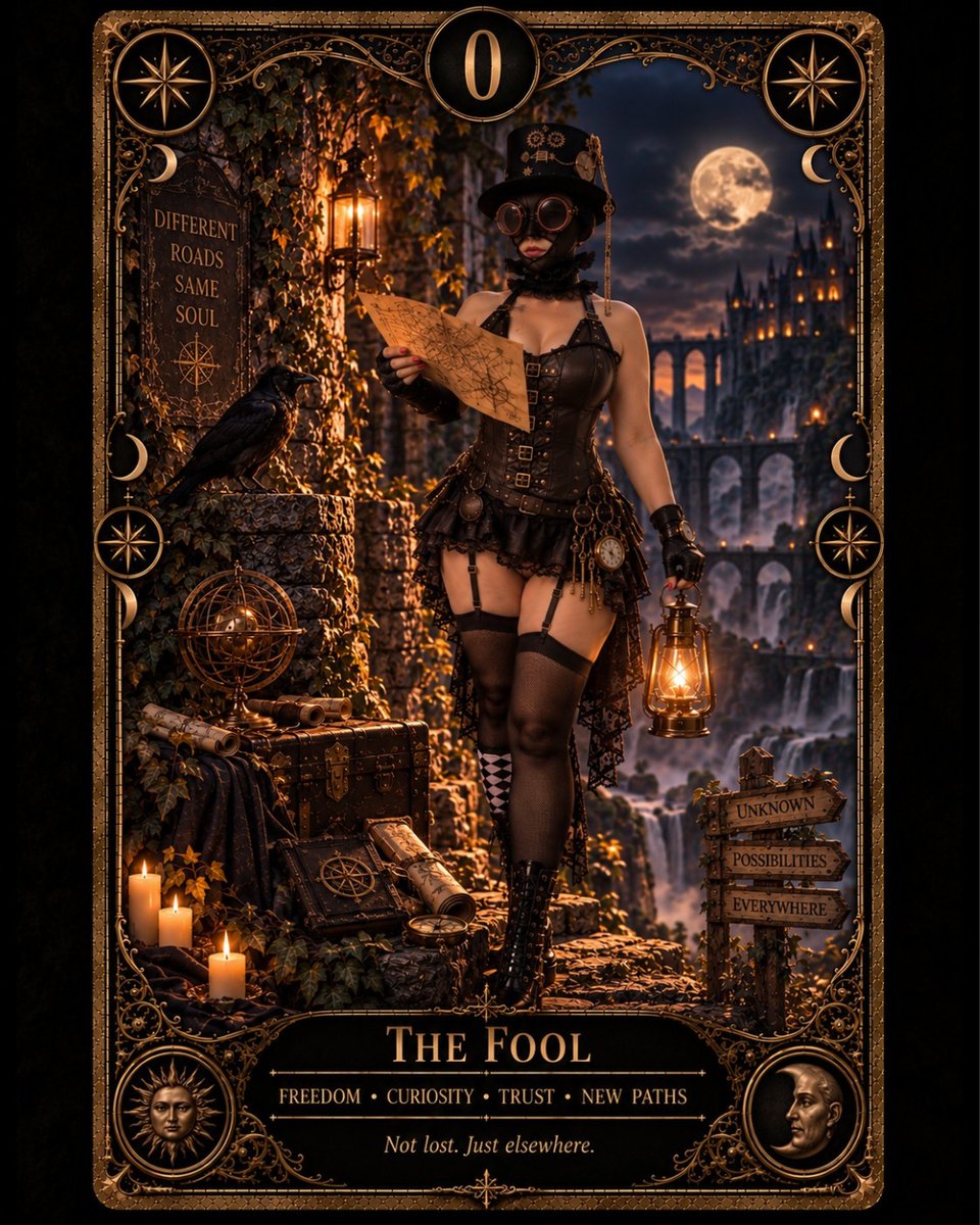 theclockworkmad's tweet photo. Want to see more of Madame? ⚙️🖤
https://t.co/VpacB6OVMQ

ARCANUM 0 — THE FOOL 🃏
UPRIGHT: Freedom • Curiosity • New beginnings.
REVERSED: Impulse • Recklessness.
The journey begins. https://t.co/zvs8DjoRny