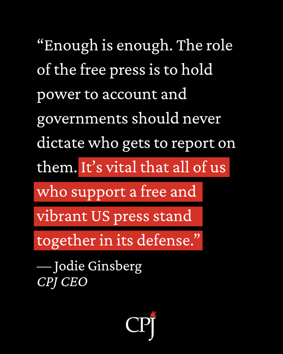 pressfreedom's tweet photo. Banning @CNN, @MSNOWNews and @politico from the White House sets a dangerous precedent, one in which the president decides what the American people know and from whom they can know it. CPJ and leading news organizations stand together in defense of a free press, and in condemning any attempts to restrict their ability to report on the government. Will you join us?

Read the statement and add your support ⬇️
https://t.co/lOfvL8fKTS