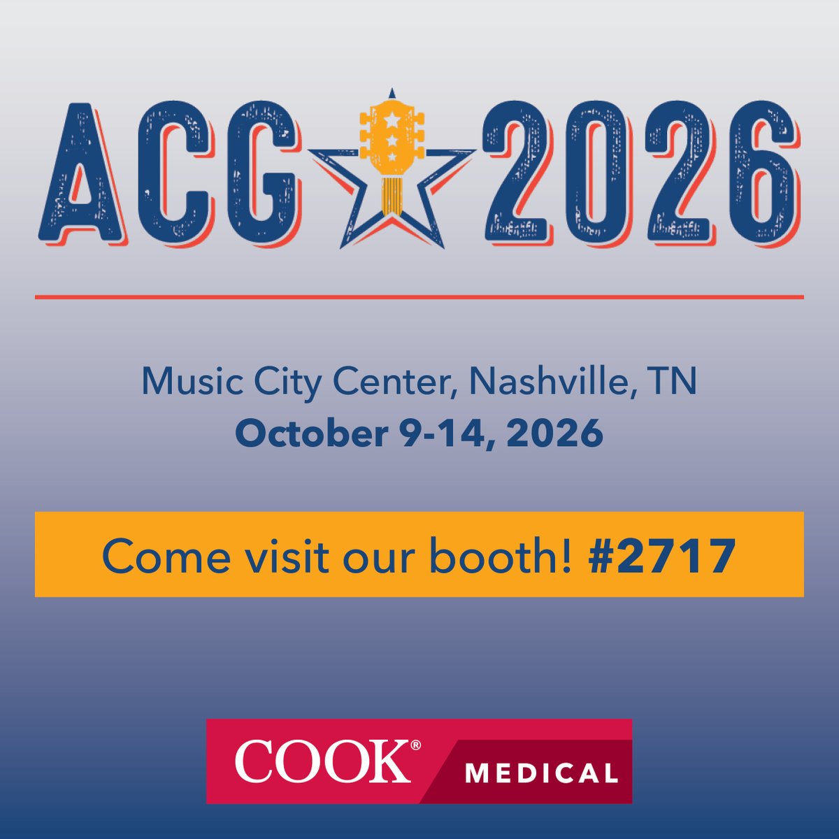 CookMedSurg's tweet photo. Heading to #ACG2026 in Nashville, Oct 9–14? 🌟 Visit Cook Medical at Booth #2717 for the latest in GI bleed management, EUS, stricture management &amp; more — plus a live VR bleed-control challenge. 

Learn More👇
https://t.co/8NhLZMuwyd https://t.co/bAmb6Ohn8D