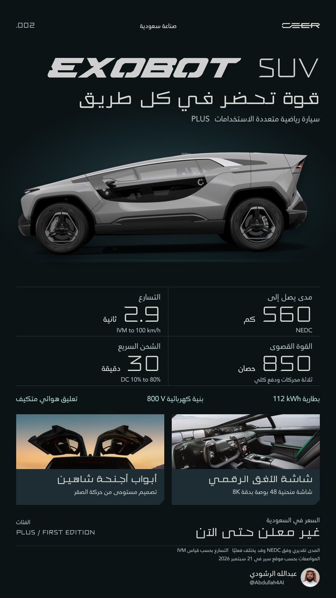 Abdullah4AI's tweet photo. سيدان ولا SUV 👀
هذي إكزوبوت من سير 🇸🇦 سيارتين كهربائيتين بتصميم يلفت النظر وقوة توصل إلى 850 حصان ⚡️
جمعت لكم أبرز المواصفات والمميزات والفرق بينهم بالصور والأسعار للحين ما أعلنوها
مرروا الصور وقولوا لي وش تختارون وليه 🚘 https://t.co/v1SHNH1EvY