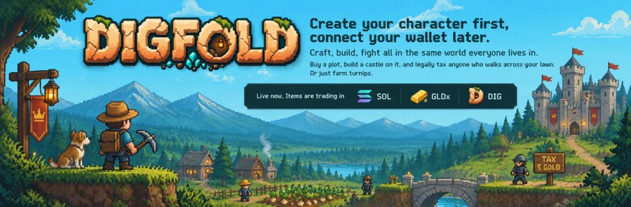 DigfoldCom's tweet photo. Create your character first, connect your wallet later.  

Craft, build, fight all in the same world everyone lives in.  

Buy a plot, build a castle on it, and legally tax anyone who walks across your lawn.  Or just farm turnips.  

 Live now, Items are trading in SOL, GLDx and DIG.

3DmNCJjK4kqNzkPowH4rpnupX2UmWWXUzGbqDcVocSQ3