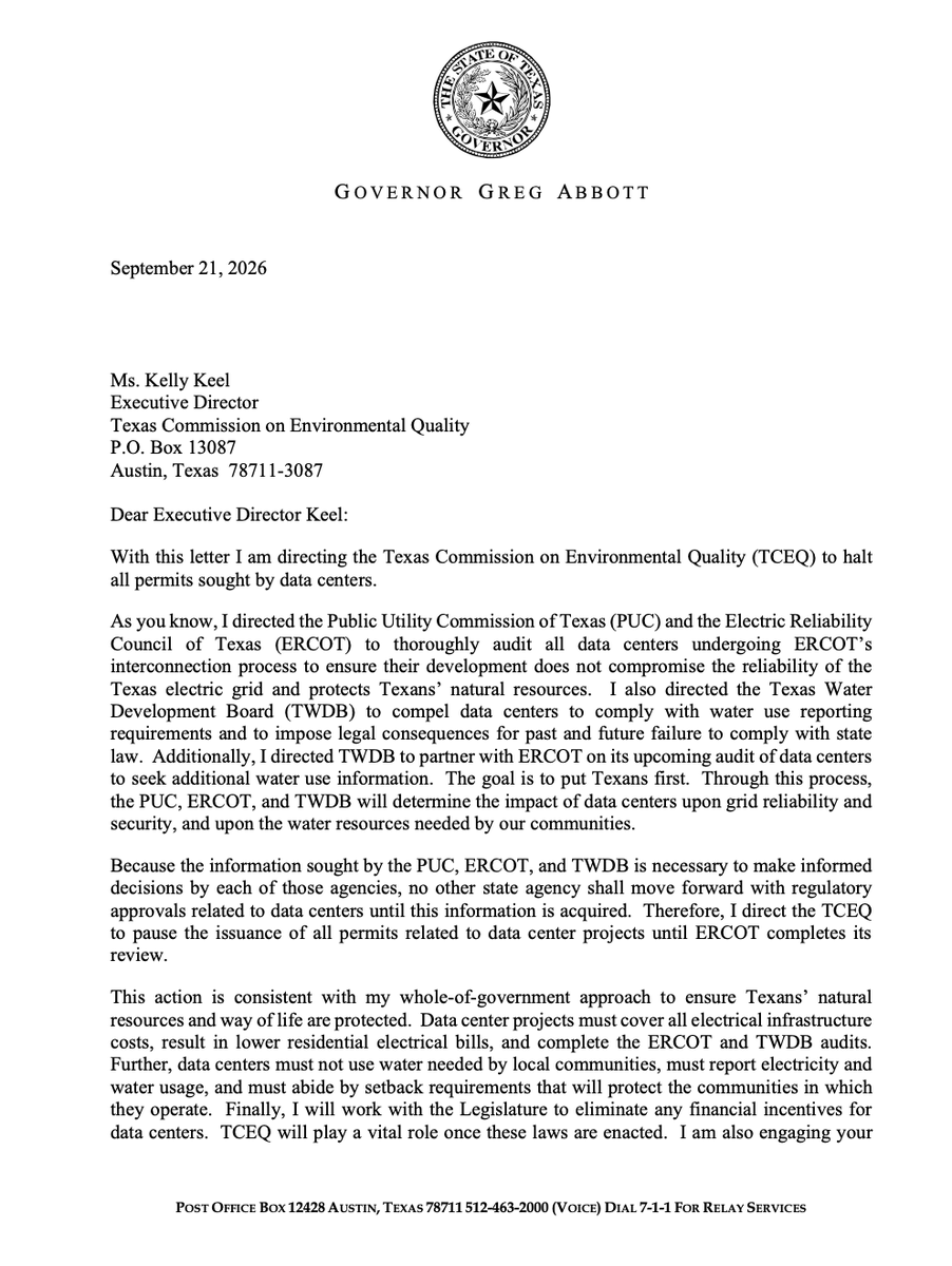 bwaltens's tweet photo. BREAKING: @GregAbbott_TX directs TCEQ to HALT all data center permits until ERCOT audit is complete https://t.co/8CbsWSUsD9