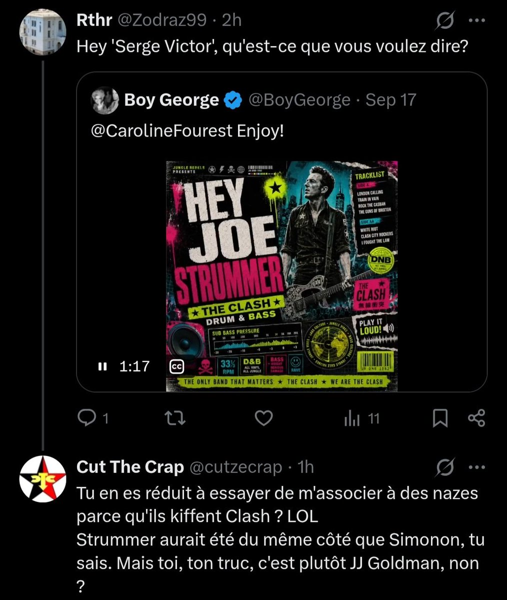 Zodraz99's tweet photo. @BoyGeorge Think of bigging up this fella. He calls himself 'Serge Victor' after the revolutionary and thinks you're a 'naze' (rubbish or a loser in French) - more Goldman than Simonon, says he (I think). https://t.co/6uwncjucB7