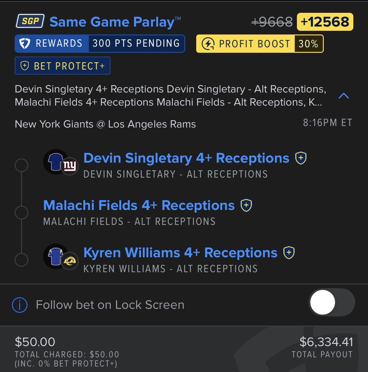 InsiderDash's tweet photo. Reception ladder for Giants/Rams https://t.co/jT3Yz2lkOs