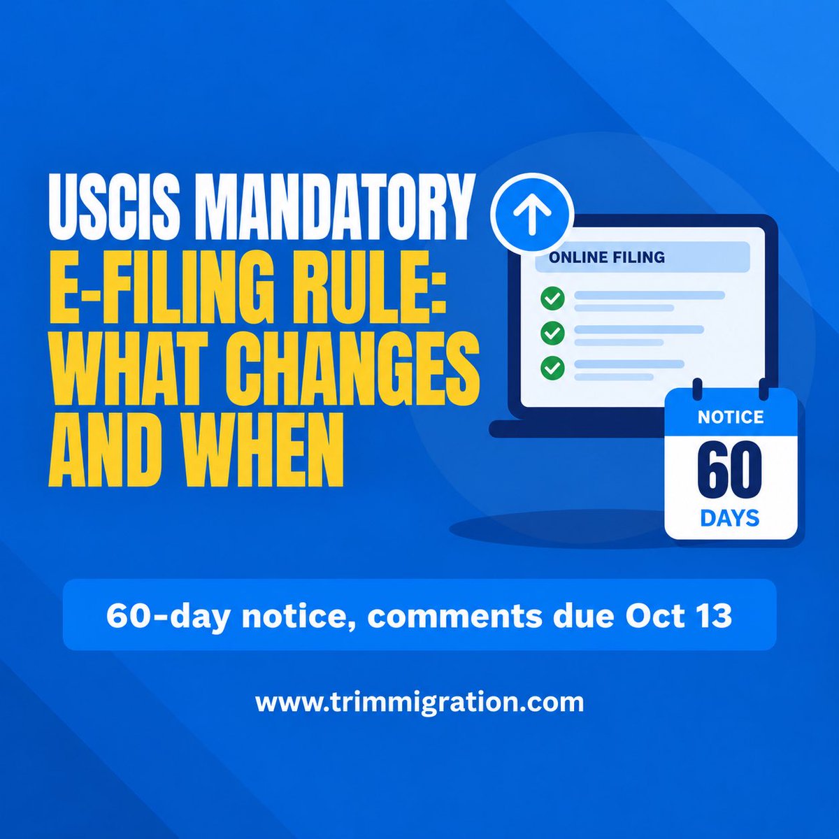 tr_immigration's tweet photo. USCIS now has authority to require online filing for certain immigration forms, but no form is online-only yet.

USCIS must give at least 60 days’ notice before making a specific form mandatory for e-filing.

Read:
https://t.co/2oZHPKSkD7

#USCIS #ImmigrationForms #USImmigration https://t.co/of6xvHWgft