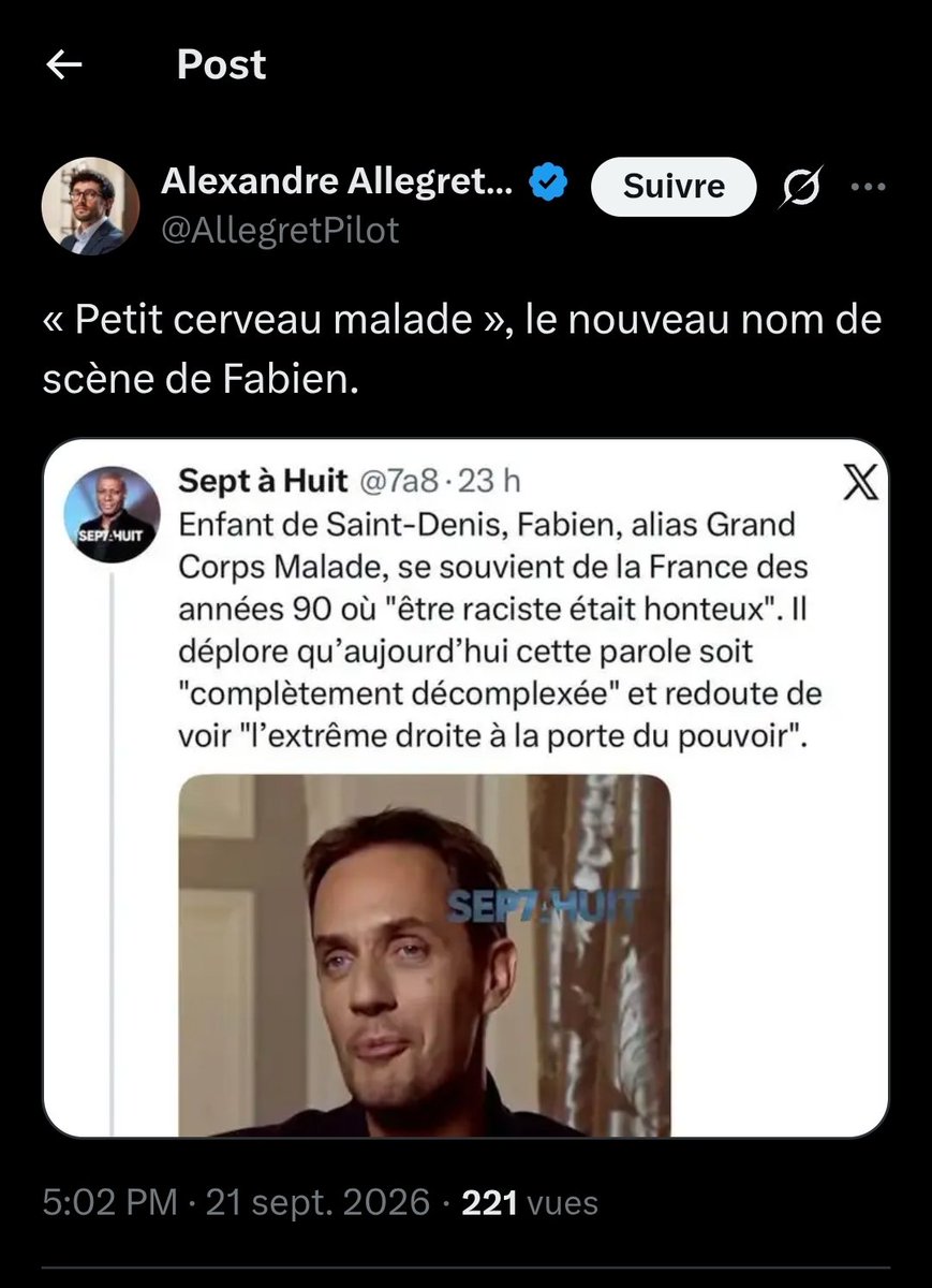 LucieRufar's tweet photo. Quand 1 député #RN #UDR lache propos insultants, méprisants.
Il cible Fabien dit "Grand corps malade".
Allegret-Pilot le traite de "Petit cerveau malade" puis d'hyper nombriliste.
Mécanisme de projection...

Résultat : Haine, Indignité

@YaelBRAUNPIVET 
@RNational_off
@partiudr https://t.co/ODw4bYDtRi