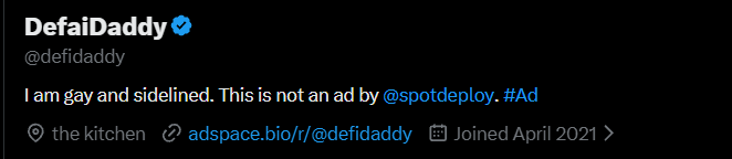 defidaddy's tweet photo. return to having fun with @AdSpaceBio 

thank you for renting my bio for $69 @spotdeploy https://t.co/IxHMLwgYn0