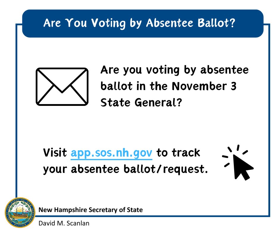 NHSecretary's tweet photo. Are you voting by absentee in the upcoming election? The deadline to request an absentee ballot is November 2 - 12pm by mail and 5pm in person. Make sure you get your request in well before the election. 

Visit https://t.co/UCqdar2Nat for more info. https://t.co/kh779nlrwN
