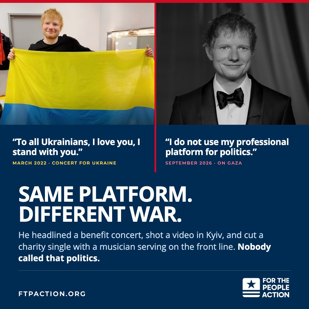 FTPAction's tweet photo. Sheeran, Sept 2026: "There is a reason I do not use my professional platform for politics."

Sheeran, 2022: "To all Ukrainians, I love you, I stand with you."

The platform works fine. The cause is negotiable.

#EdSheeran #FreePalestine #Gaza https://t.co/wHzlB3VU9q