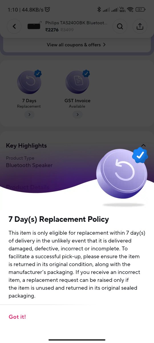 shubham233_'s tweet photo. @ZeptoNow I received a defective Philips TAS2400BK speaker (Order: RGTLJSPMR08336). Battery lasts under 1 hour &amp; SD card keeps disconnecting. Despite the 7-day policy, Zepto **refused return/replacement**. I don't want this faulty product. Please arrange return &amp; refund. https://t.co/tHHwuSeLJF
