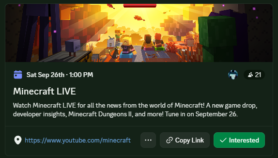 Watch Minecraft LIVE for all the news from the world of Minecraft! A new game drop, developer insights, Minecraft Dungeons II, and more! Tune in on September 26.