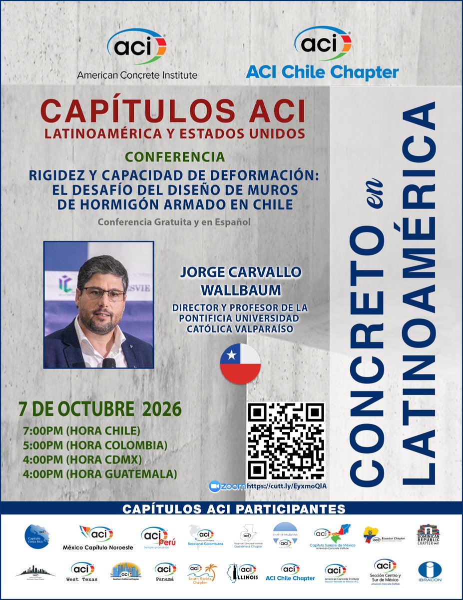aci_nw's tweet photo. 𝐂𝐎𝐍𝐂𝐑𝐄𝐓𝐎 𝐄𝐍 𝐋𝐀𝐓𝐈𝐍𝐎𝐀𝐌É𝐑𝐈𝐂𝐀, JORGE CARVALLO, ACI Chile, RIGIDEZ Y CAPACIDAD DE DEFORMACIÓN: DESAFÍO DEL DISEÑO DE MUROS DE HORMIGÓN ARMADO EN CHILE,  Octubre 7 2026.

Enl.: https://t.co/P9CmHZYJnH

7:00PM (/CHILE
5:00PM /COLOMBIA
4:00PM /CDMX
4:00PM /GUATEMALA https://t.co/P50OOXJ3mX