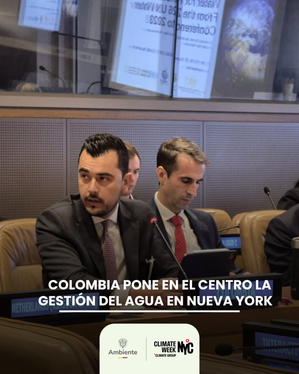 MinAmbienteCo's tweet photo. 🇨🇴 En la Semana del Clima de Nueva York, Colombia resaltó la importancia del agua como eje de la Agenda ABC en el evento de alto nivel “Water for Planet: From the 2026 UN Water Conference to 2028”.

El viceministro David Olarte (@DavidOlarteA) destacó el papel estratégico del agua para Colombia y puso sobre la mesa el desafío que representa el fenómeno de El Niño para la gestión de este recurso, reafirmando la importancia de una respuesta integral y articulada entre la gestión del agua, la protección de la biodiversidad y el bienestar de las comunidades.