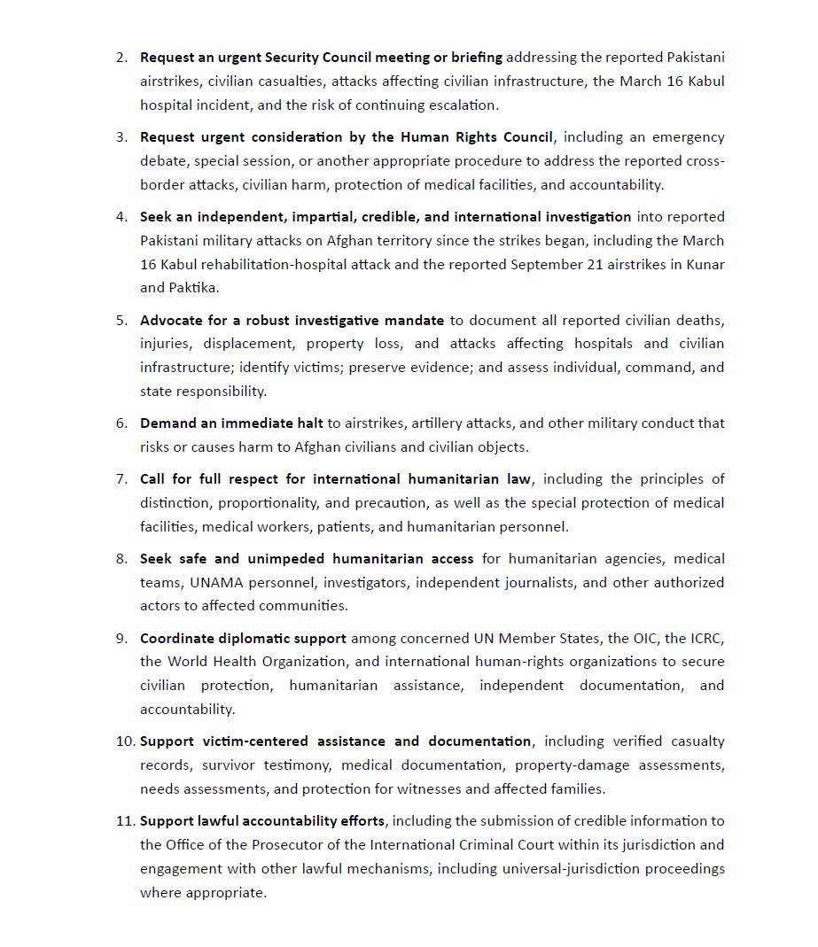 HAMDARD_JH's tweet photo. OPEN LETTER TO AFGHANISTAN’S UN MISSIONS @faiq_naseer @AndishaNasir 🇺🇳🇦🇫

On behalf of 2,457 signatories, we call on Afghanistan’s Permanent Missions to the UN in New York and Geneva to take urgent, coordinated diplomatic action regarding reported Pakistani airstrikes and cross-border attacks affecting Afghan civilians.

We urge the Missions to seek an immediate halt to attacks endangering civilians; an independent international investigation into reported civilian deaths and attacks on homes, markets, and medical facilities; safe humanitarian access; accountability under international law; and full reparations for victims and survivors.

The letter highlights the reported 16 March Kabul rehabilitation-hospital strike and the reported latest strikes in Kunar and Paktika. Afghan civilians deserve protection, truth, justice, and action—not silence.

Please Read, endorse, and share the petition here:
 https://t.co/9Oh9vh3wlC

#Afghanistan #ProtectCivilians #HumanRights #JusticeForVictims

@antonioguterres @SR_Afghanistan @UNAMAnews @SecRubio @USAmbUN
