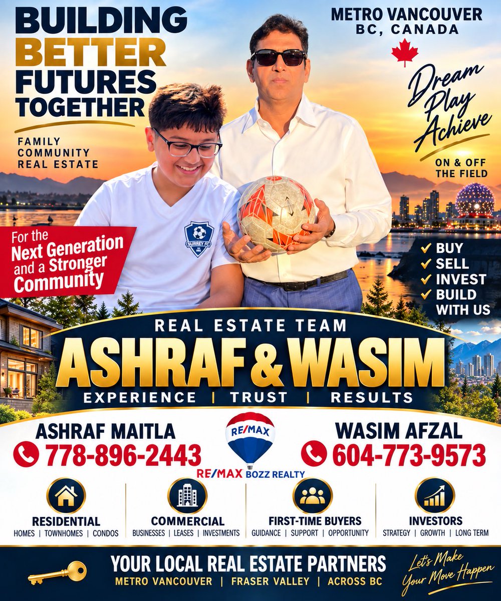 AshrafMaitla's tweet photo. Building Better Futures Together. 🏡
Family. Community. Real Estate.

Every move begins with a family and a future worth building. As your local real estate partners, we bring experience, trust, and results to every step — whether you're buying, selling, investing, or building.

✔ Residential: homes, townhomes, and condos
✔ Commercial: businesses, leases, and investments

Proudly serving Metro Vancouver, the Fraser Valley, and communities across BC — and committed to the next generation and a stronger community, on and off the field.

Let's make your move happen. Call or message us today:
📞 Ashraf Maitla: 778-896-2443
📞 Wasim Afzal: 604-773-9573

Ashraf & Wasim Real Estate Team
RE/MAX Bozz Realty