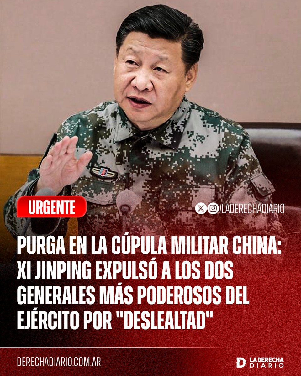 laderechadiario's tweet photo. 🚨🇨🇳 | PURGA EN LA CÚPULA MILITAR CHINA: XI JINPING EXPULSÓ A LOS DOS GENERALES MÁS PODEROSOS POR UN POSIBLE "INTENTO DE GOLPE DE ESTADO"

El régimen chino expulsó del Partido Comunista y de las Fuerzas Armadas a Zhang Youxia y Liu Zhenli, acusándolos oficialmente de deslealtad, formación de facciones, corrupción y graves violaciones disciplinarias. Zhang era vicepresidente de la Comisión Militar Central y el militar uniformado de mayor rango del país, mientras que Liu dirigía el Estado Mayor Conjunto.

La purga dejó prácticamente vaciada la Comisión Militar Central, la máxima cúpula militar china: de los siete integrantes nombrados originalmente en 2022, actualmente solo permanecen activos Xi Jinping y el vicepresidente Zhang Shengmin.

Las acusaciones de “deslealtad” y formación de camarillas alimentaron versiones sobre una fuerte disputa interna dentro del régimen, mientras Xi concentra todavía más el control sobre las Fuerzas Armadas.