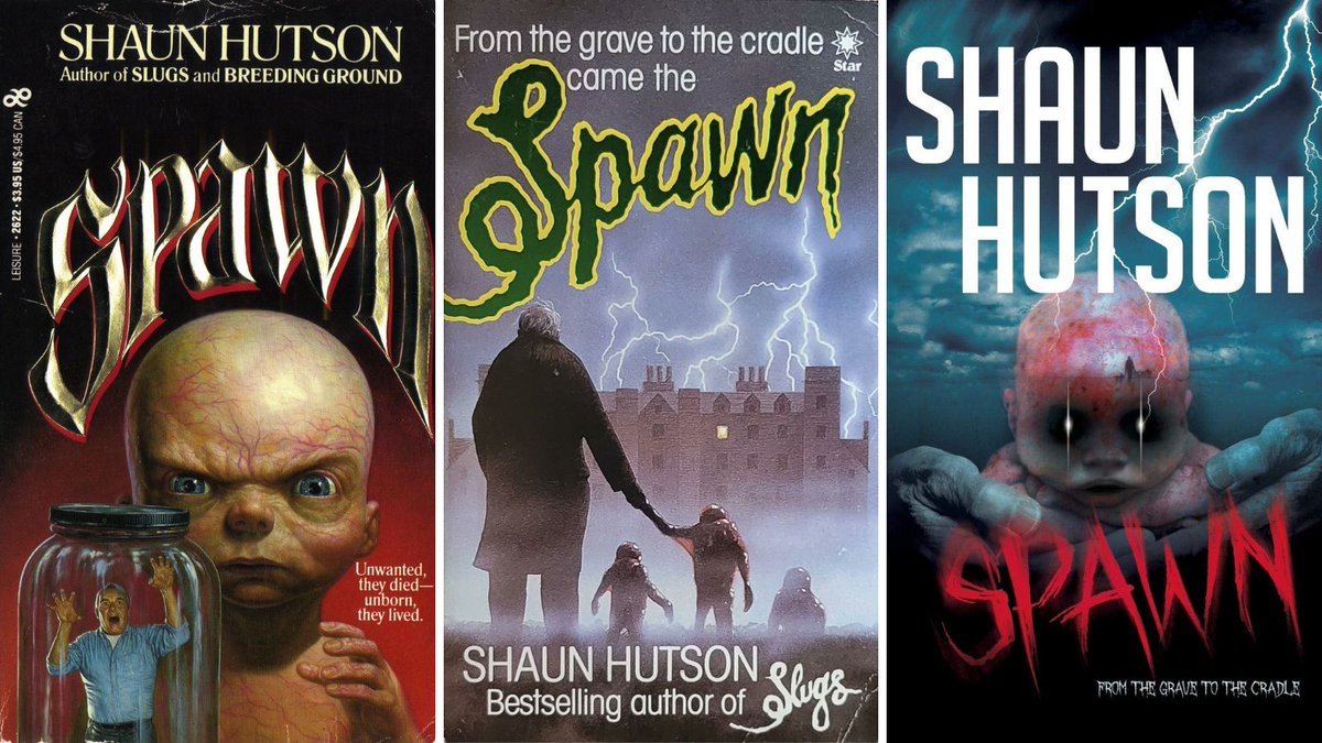 HorrorPaperback's tweet photo. The current cover for Shaun Hutson's Spawn is far from terrible. It does a solid job of marketing the book, but look at what we lost when you compare it to the 1988 Dorchester Books edition and the 1983 Star edition.

I appreciate fully painted cover art is way 'out of budget' these days but it still pains me to see what we used to have.