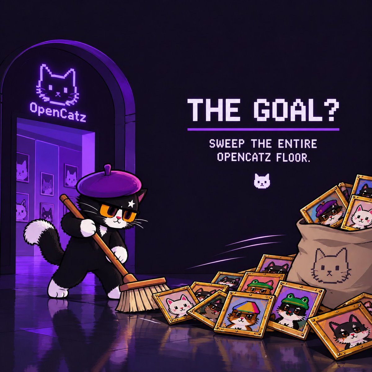 OpenCatzBrush's tweet photo. the goal? 🖌️ 🐱 🧹 

sweep the entire OpenCatz floor and put as many cats as possible into the hands of $BRUSH holders.

one cat at a time. https://t.co/xaEBUVlDQQ