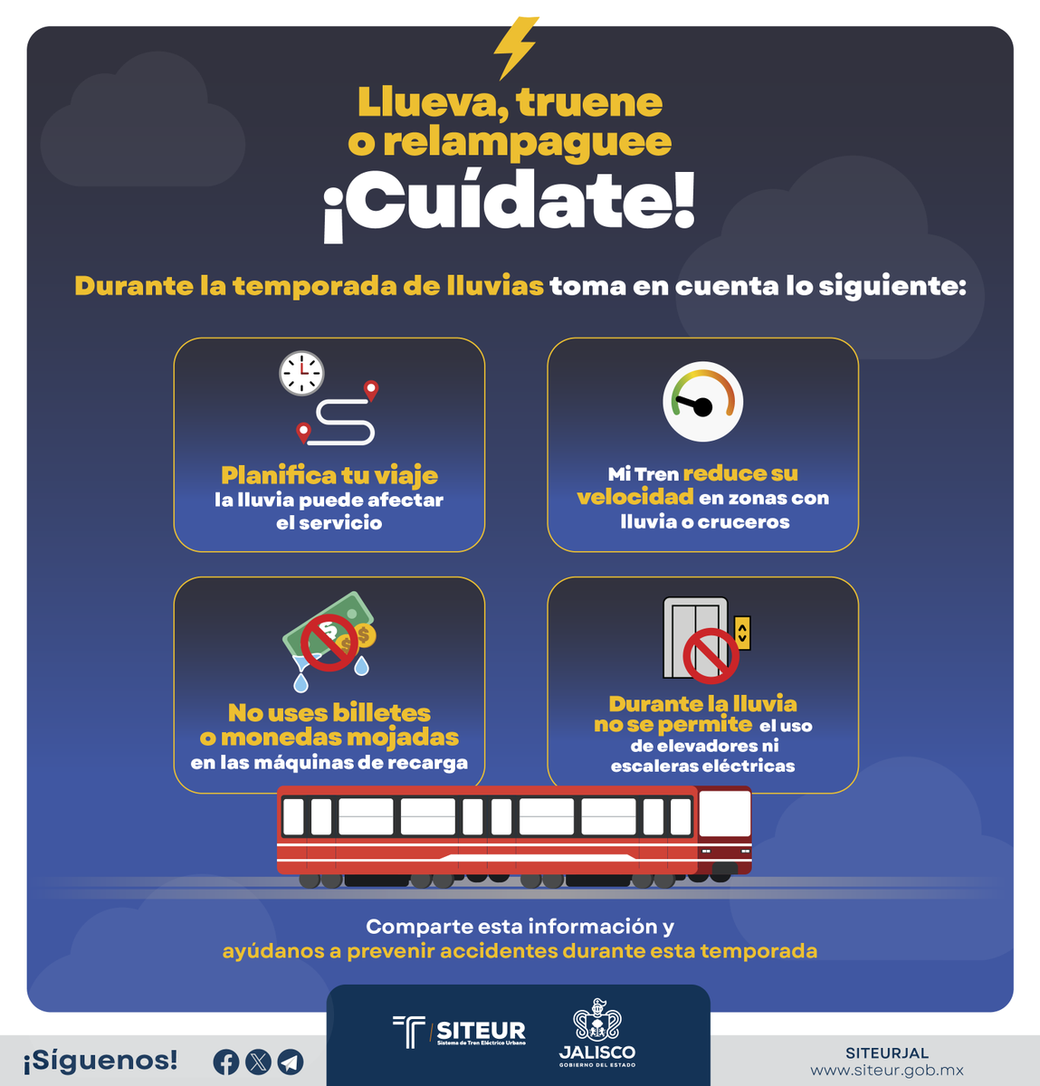SITEURJAL's tweet photo. La lluvia puede generar ajustes preventivos en la operación de #MiTren.
En caso de lluvia intensa, algunos recorridos pueden tomar más tiempo. También procura mantener en buen estado tu tarjeta o medio de pago para ingresar sin contratiempos.
#AvanzamosPorJalisco https://t.co/4TAIZIokwM