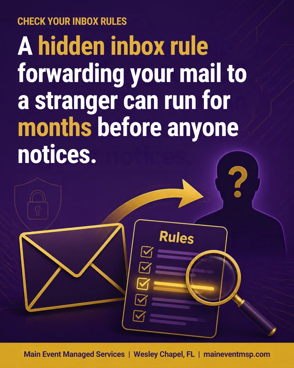 MainEventMSP's tweet photo. Quick check for your Microsoft 365 mailbox: open your inbox rules and look for anything you did not create, especially forwarding to outside addresses. Then ask IT to block auto-forwarding and alert on new rules. Ten minutes, big payoff. 

#CybersecurityAwarenessMonth https://t.co/HpZqPHhh9l