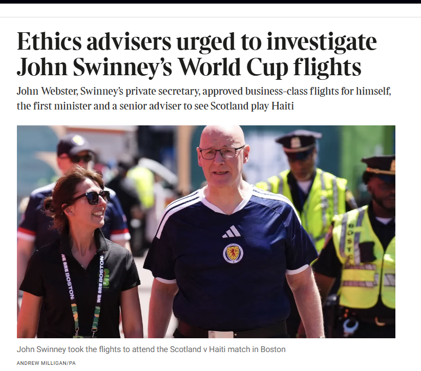 AgentP22's tweet photo. £45,000 on business-class flights for three SNP insiders when a £1,000 charter seat was available.

If John Swinney cannot see why his closest aide approving his own luxury flight looks utterly corrupt, he is unfit to serve as First Minister.
https://t.co/rPG67bvgVj https://t.co/tMGIdpR2dT