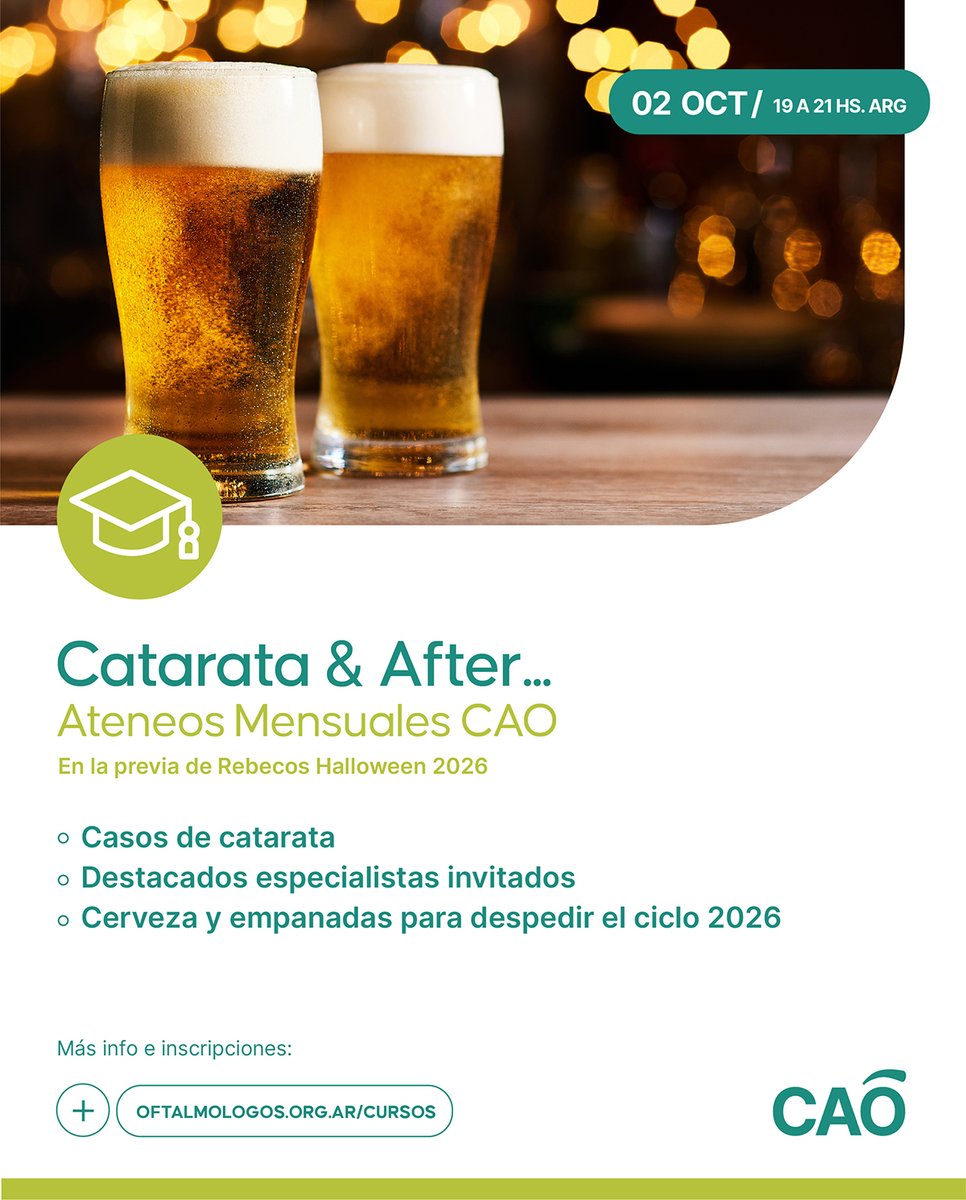 CAOarg's tweet photo. 🍻 Ateneo "Catarata &amp; After": despedimos el ciclo 2026 en Sede CAO

Cataratas, cerveza y empanadas, una combinación imperdible para cerrar el año y entrar en clima para el gran evento anual de la oftalmología joven: Rebecos Halloween 2026.

Más info: https://t.co/EW8Yl1UAKs https://t.co/WTiqPzBtMw