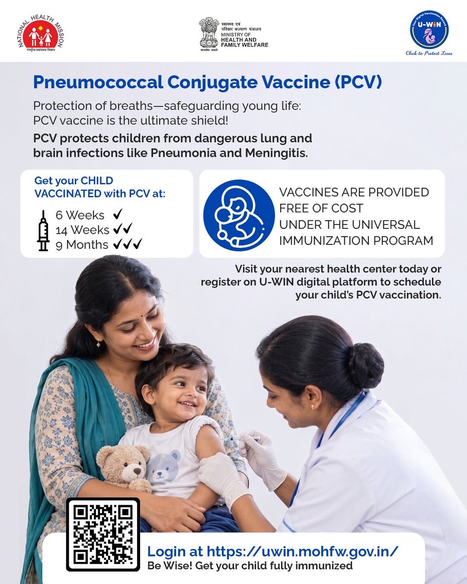 MoHFW_INDIA's tweet photo. Protect little lives with timely vaccination.

Pneumococcal Conjugate Vaccine (PCV) protects children against serious pneumococcal infections, including pneumonia and meningitis. Under the Universal Immunization Programme, PCV vaccination is provided free of cost at designated health centres. Ensure your child receives PCV at 6 weeks, 14 weeks and 9 months as per the recommended schedule.

Visit your nearest health centre or register on U-WIN to schedule your child’s vaccination. Be Wise! Get your child fully immunized.

#UWIN
#Immunisation
#HealthForAll