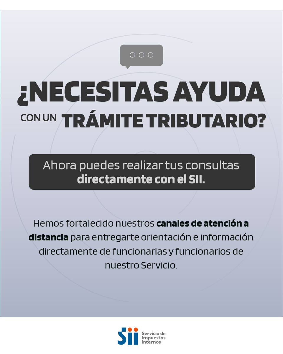 SII_Chile's tweet photo. ¿Necesitas ayuda con un trámite tributario? 
💻 En Contacto Web recibe orientación directa del Servicio o encuentra información en el buscador de https://t.co/UPsYBLUuyT.  
La mesa de ayuda telefónica externa ya no está disponible. https://t.co/myp4ynuoYS