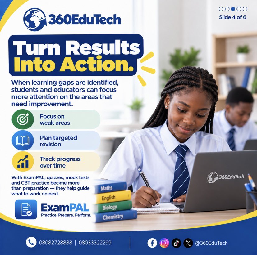 360EduTechNG's tweet photo. A score shows what happened. Performance tells you what to work on next.

With ExamPAL, students can identify learning gaps, focus revision and prepare smarter.

#ExamPAL #360EduTech #WAEC https://t.co/ysvd6uyC5B