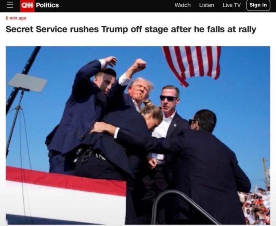 intheMatrixxx's tweet photo. CNN’s first headline after they shot Trump:

“Secret Service rushes Trump off stage after he falls at rally.”

Not “shot.”

Not “assassination attempt.”
“Falls.”

They had the video. They had the blood. They still tried to make it sound like he tripped.

Then he stood up, fist in the air, and said Fight, Fight, Fight! 

They never recovered from that frame. 

Enemy of the People.