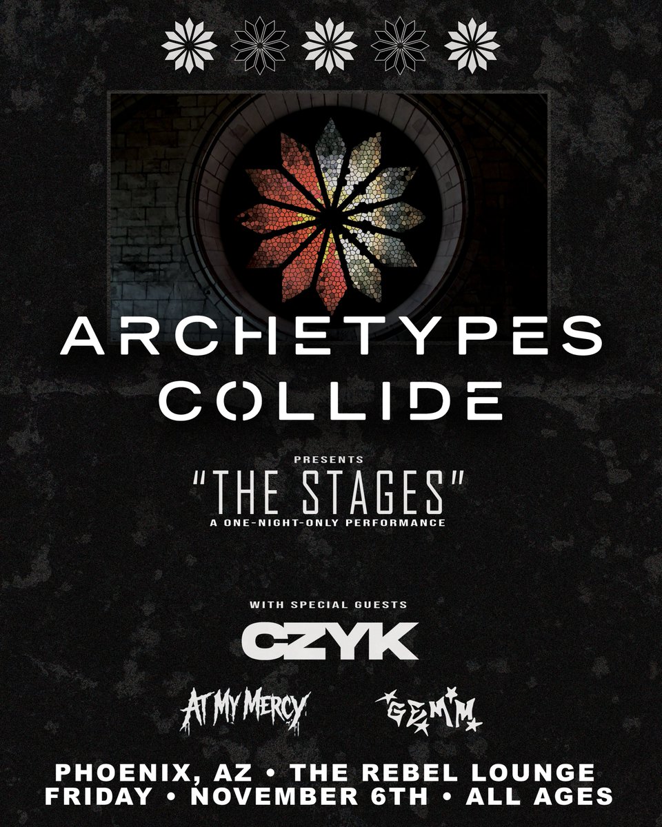 AtypesCollide's tweet photo. 🚨ICYMI🚨
We are doing a one-night only performance, named "The Stages" at @TheRebelPHX in Phoenix, AZ.

Playing the hits, music never played live, and something new...

With support from @CZYKofficial , @AtMyMercy, and Gemm

🎫Tickets: https://t.co/H2qGsYS1uY https://t.co/e6xm6xVfsM