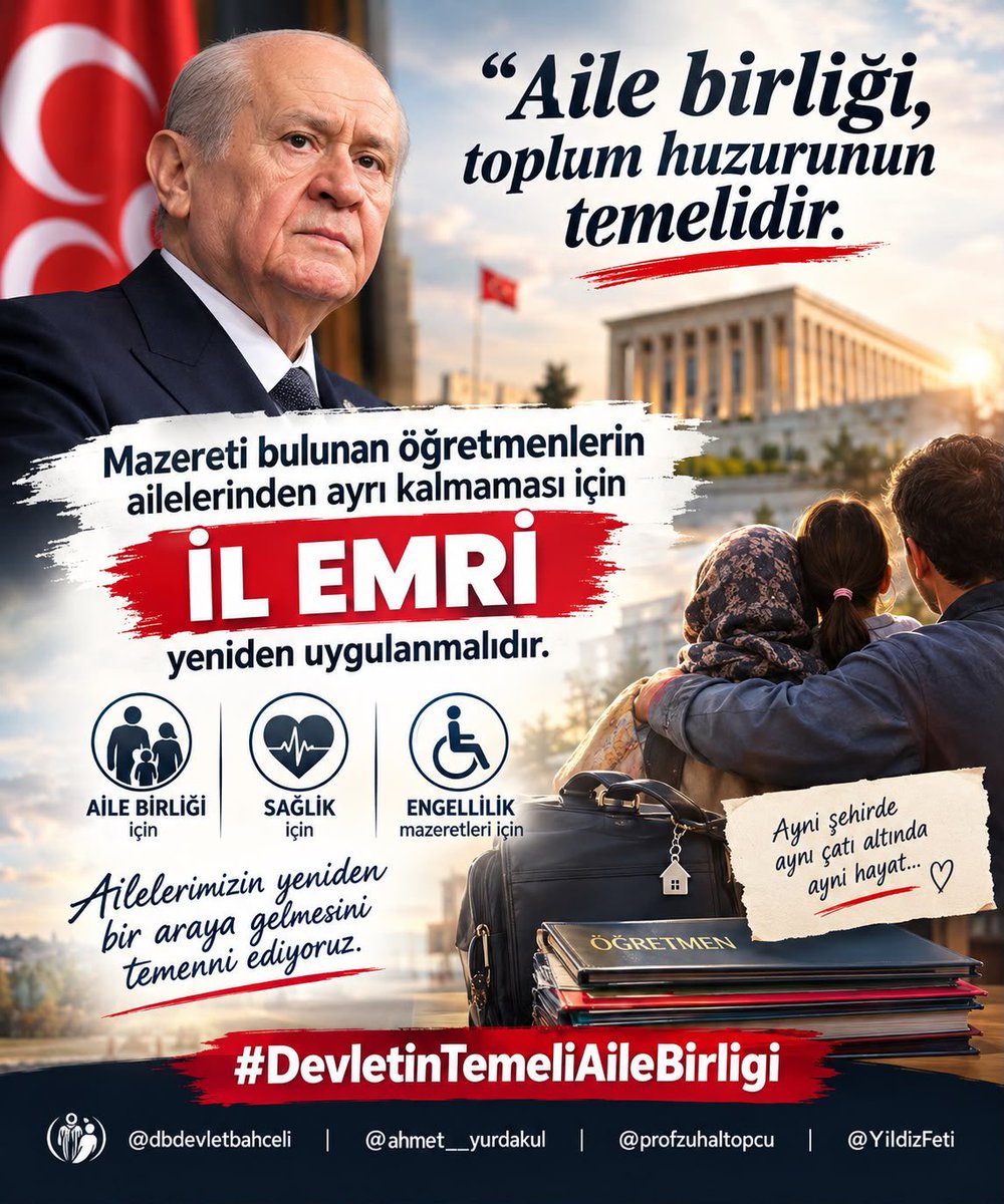 reyhannca's tweet photo. 🏡 Aile birliği, toplum huzurunun temelidir.

🎓 Mazereti bulunan öğretmenlerin ailelerinden ayrı kalmaması için İL EMRİ yeniden uygulanmalıdır.

🤝 Aileler birleşsin, yuvalar bölünmesin.

#DevletinTemeliAileBirligi
@dbdevletbahceli @ahmet__yurdakul @profzuhaltopcu @YildizFeti https://t.co/Otwri8LtAb