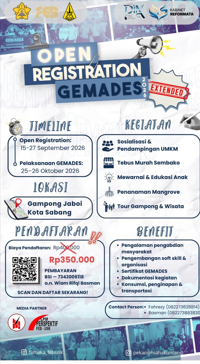 PersFE's tweet photo. GEMADES hadir dengan rangkaian kegiatan Sosialisasi &amp; Pendampingan UMKM, Tebus Murah Sembako, Mewarnai &amp; Edukasi Anak, Penanaman Mangrove, dan Tour Gampong yang akan dilaksanakan di Gampong Jaboi, Kota Sabang.

Daftar sekarang melalui link berikut!
https://t.co/IzEKMdiRak https://t.co/3d9x7khgz9