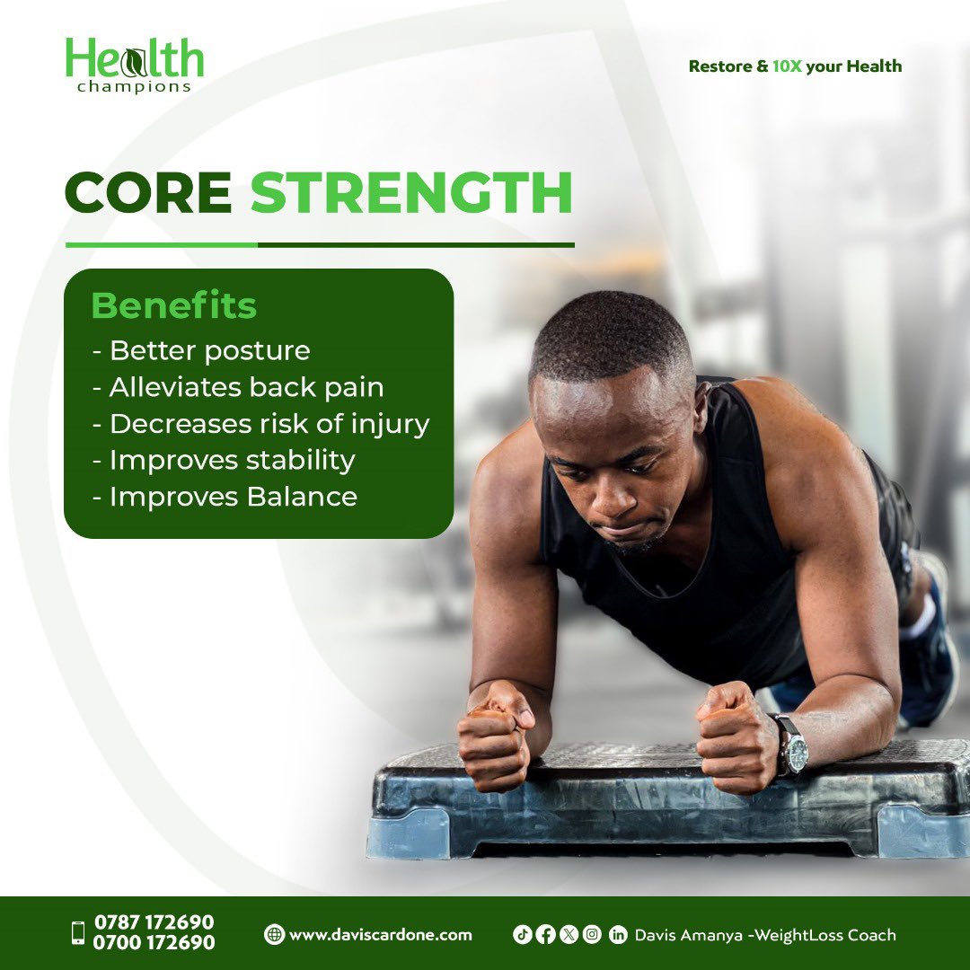 HealthChampionD's tweet photo. STRONG CORE. SIMPLE #WORKOUT.

ONE COMPLETE ROUND:

1️⃣ PLANK
30–45 seconds

↓ Rest 15–30 sec

2️⃣ DEAD BUG
10 reps each side

↓ Rest 15–30 sec

3️⃣ GLUTE BRIDGE
15 reps

↓ Rest 15–30 sec

4️⃣ BIRD DOG
10 reps each side

↓ Rest 15–30 sec

5️⃣ MOUNTAIN CLIMBERS
20 reps

THEN REST 60 SECONDS.

🔁 Repeat the entire sequence 2–3 times.

Control • Breathe • Stay consistent

Build strength from the centre #core #abs #wellness